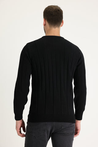 Siyah Bisiklet Yaka Slim Fit Dar Kesim Yünlü Desenli Triko Kazak