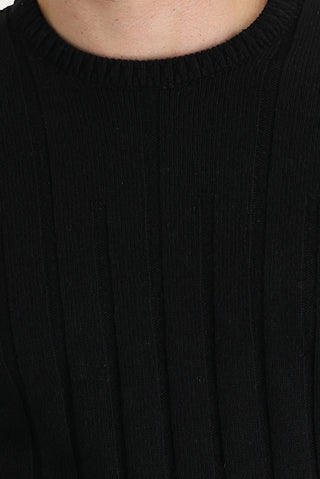  Siyah Bisiklet Yaka Slim Fit Dar Kesim Yünlü Desenli Triko Kazak