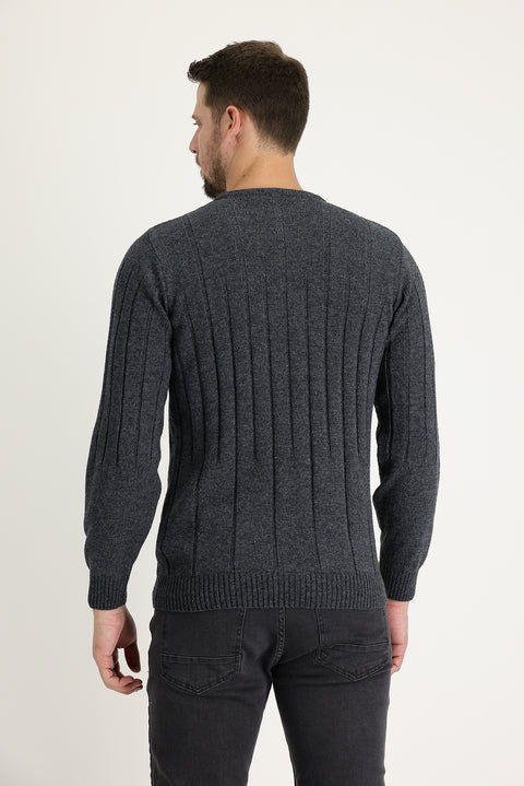 Koyu Füme Bisiklet Yaka Slim Fit Dar Kesim Yünlü Desenli Triko Kazak