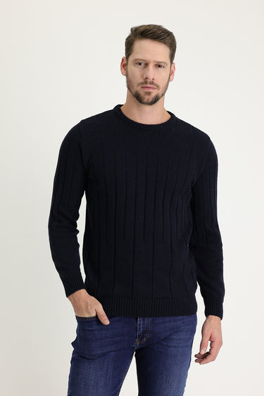 Koyu Lacivert Bisiklet Yaka Slim Fit Dar Kesim Yünlü Desenli Triko Kazak