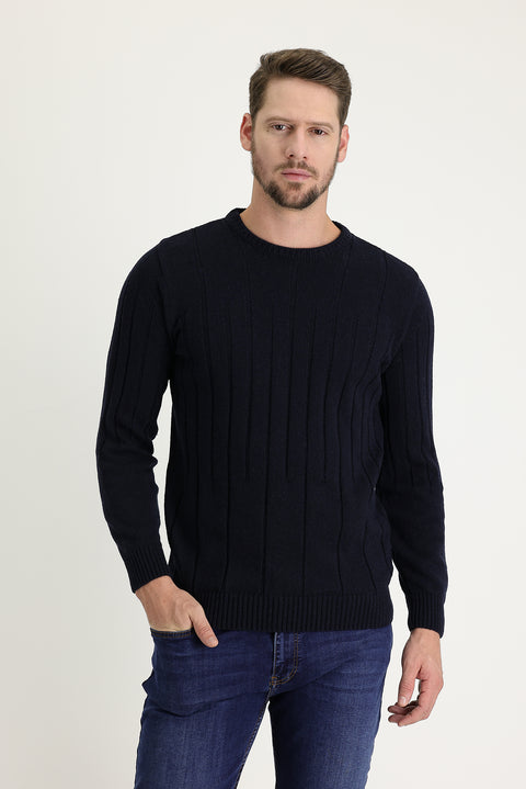 Koyu Lacivert Bisiklet Yaka Slim Fit Dar Kesim Yünlü Desenli Triko Kazak