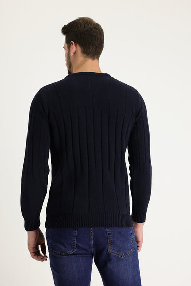 Koyu Lacivert Bisiklet Yaka Slim Fit Dar Kesim Yünlü Desenli Triko Kazak