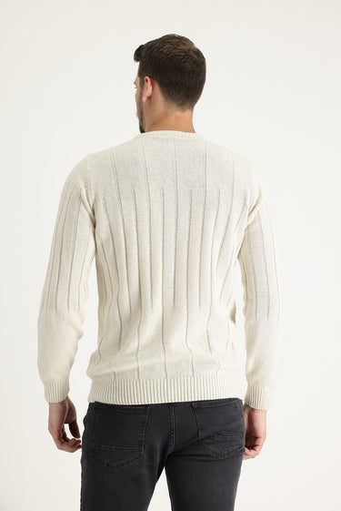 Ekru Bisiklet Yaka Slim Fit Dar Kesim Yünlü Desenli Triko Kazak