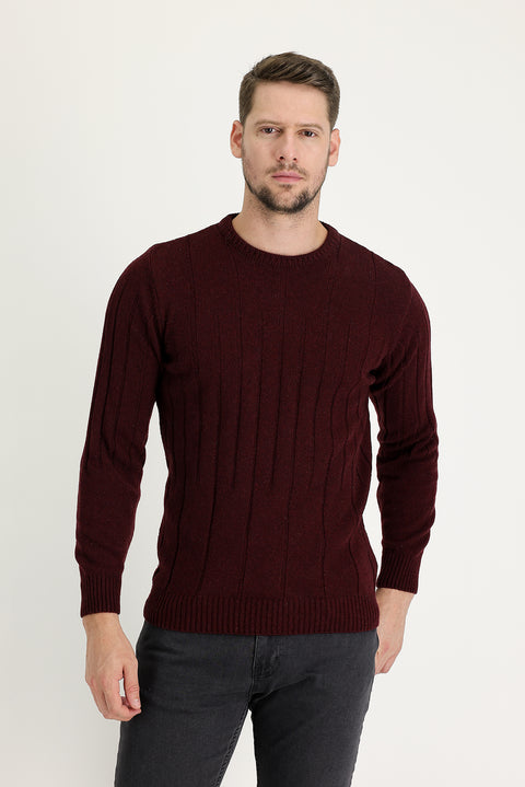 Koyu Bordo Bisiklet Yaka Slim Fit Dar Kesim Yünlü Desenli Triko Kazak