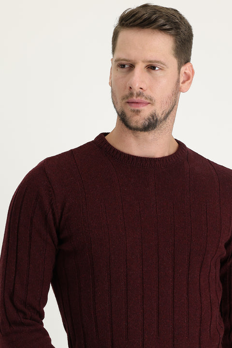 Koyu Bordo Bisiklet Yaka Slim Fit Dar Kesim Yünlü Desenli Triko Kazak