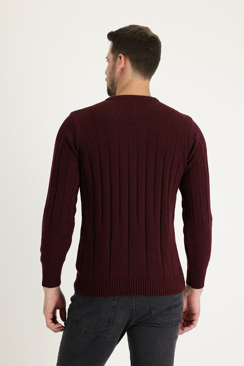 Koyu Bordo Bisiklet Yaka Slim Fit Dar Kesim Yünlü Desenli Triko Kazak