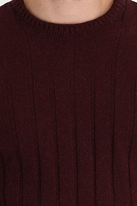 Koyu Bordo Bisiklet Yaka Slim Fit Dar Kesim Yünlü Desenli Triko Kazak