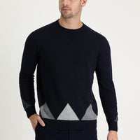 Koyu Lacivert Bisiklet Yaka Regular Fit Yünlü Desenli Triko Kazak