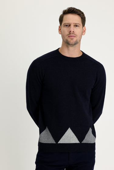 Koyu Lacivert Bisiklet Yaka Regular Fit Yünlü Desenli Triko Kazak