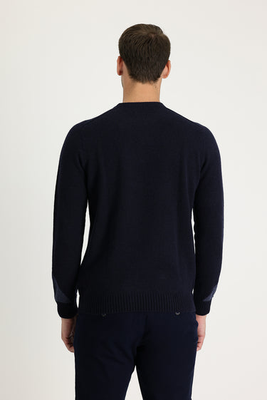 Koyu Lacivert Bisiklet Yaka Regular Fit Yünlü Desenli Triko Kazak