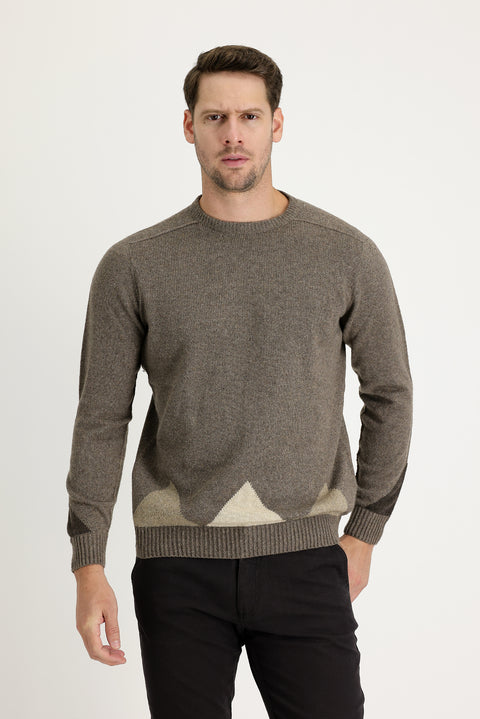 Orta Kahve Bisiklet Yaka Regular Fit Yünlü Desenli Triko Kazak