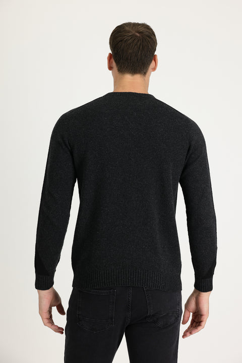 Koyu Antrasit Bisiklet Yaka Regular Fit Yünlü Desenli Triko Kazak