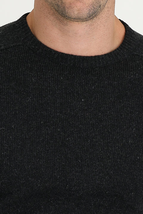 Koyu Antrasit Bisiklet Yaka Regular Fit Yünlü Desenli Triko Kazak