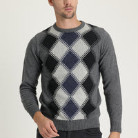 Orta Füme Bisiklet Yaka Regular Fit Yünlü Desenli Triko Kazak