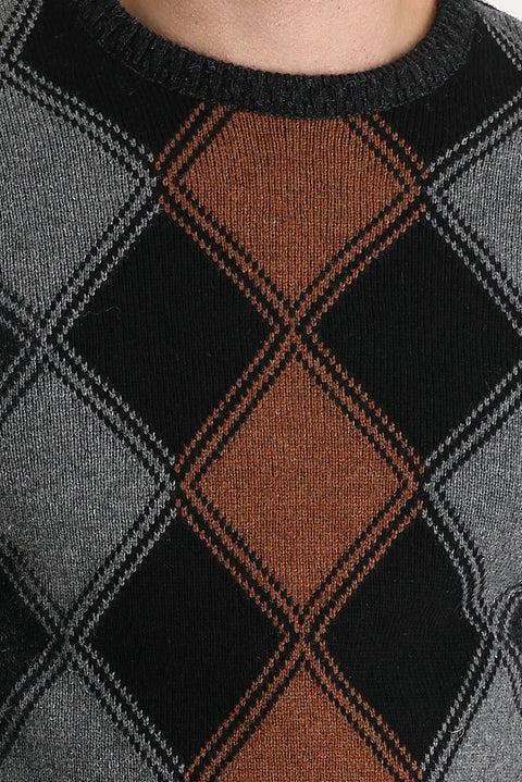 Orta Antrasit Bisiklet Yaka Regular Fit Yünlü Desenli Triko Kazak