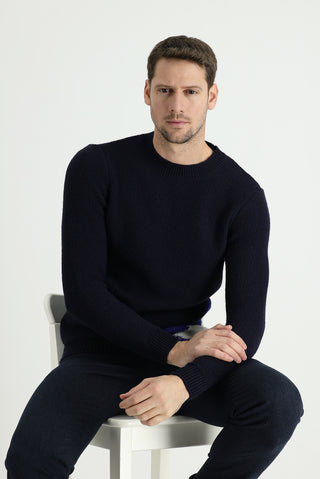  Orta Lacivert Bisiklet Yaka Slim Fit Dar Kesim Yünlü Desenli Triko Kazak