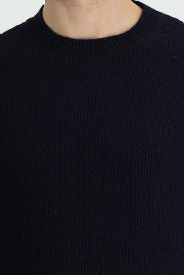 Orta Lacivert Bisiklet Yaka Slim Fit Dar Kesim Yünlü Desenli Triko Kazak