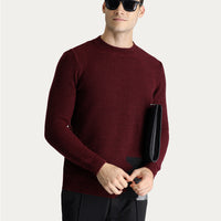 Koyu Bordo Bisiklet Yaka Slim Fit Dar Kesim Yünlü Desenli Triko Kazak
