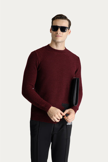  Koyu Bordo Bisiklet Yaka Slim Fit Dar Kesim Yünlü Desenli Triko Kazak