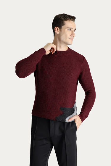  Koyu Bordo Bisiklet Yaka Slim Fit Dar Kesim Yünlü Desenli Triko Kazak