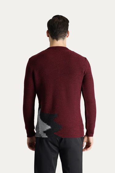  Koyu Bordo Bisiklet Yaka Slim Fit Dar Kesim Yünlü Desenli Triko Kazak