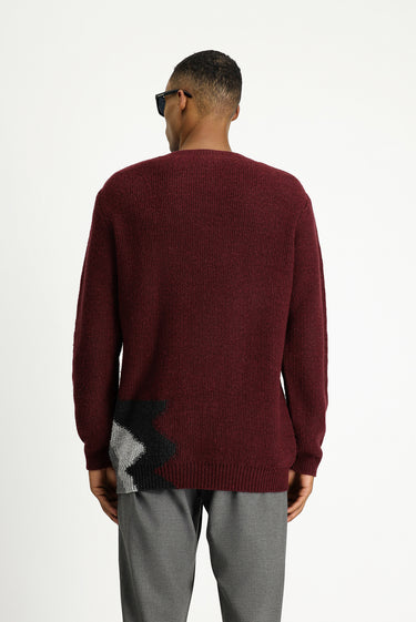  Koyu Bordo Bisiklet Yaka Slim Fit Dar Kesim Desenli Yünlü Triko Kazak