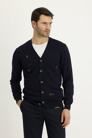  Koyu Lacivert Slim Fit Dar Kesim Desenli Pamuklu Triko Hırka
