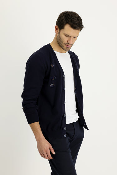 Koyu Lacivert Slim Fit Dar Kesim Desenli Triko Hırka