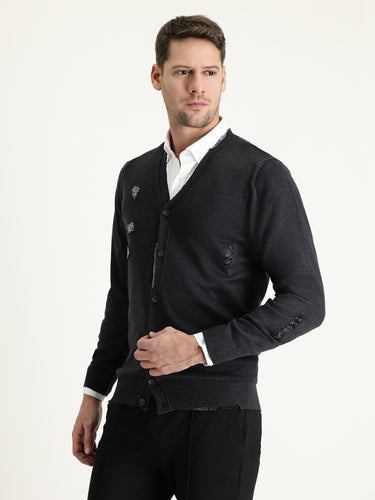 Koyu Antrasit Slim Fit Dar Kesim Pamuklu Triko Hırka