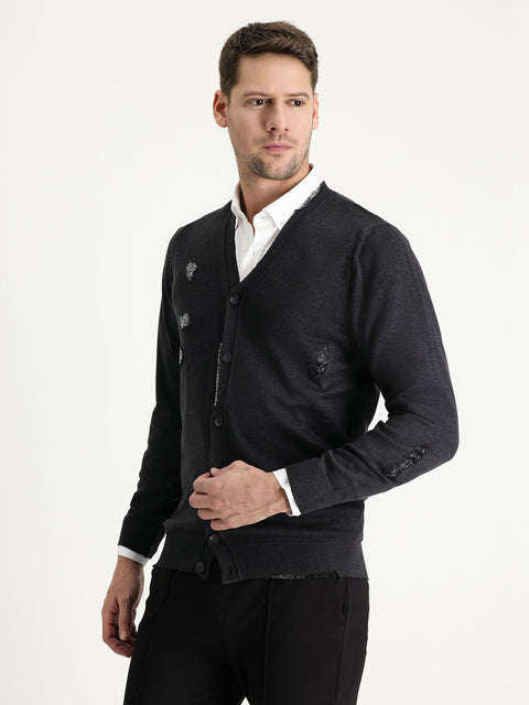 Koyu Antrasit Slim Fit Dar Kesim Triko Hırka