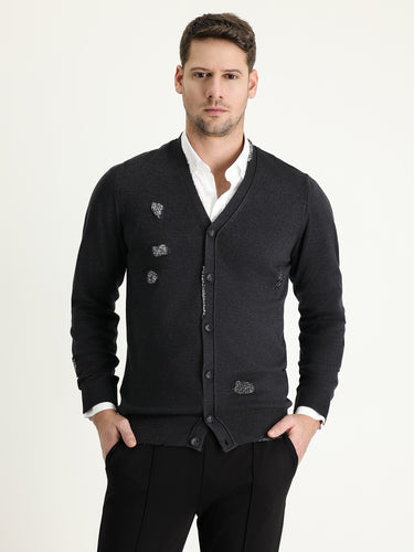 Koyu Antrasit Slim Fit Dar Kesim Pamuklu Triko Hırka