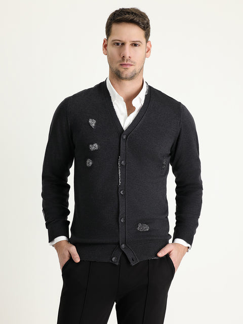 Koyu Antrasit Slim Fit Dar Kesim Triko Hırka