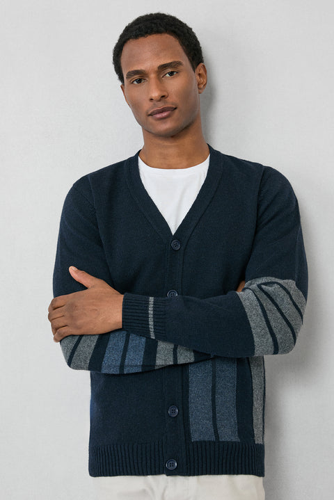 Orta Lacivert Yünlü Desenli Triko Hırka