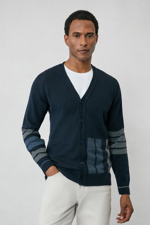 Orta Lacivert Yünlü Desenli Triko Hırka