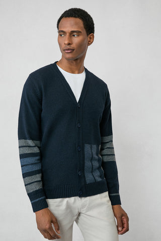  Orta Lacivert Yünlü Desenli Triko Hırka