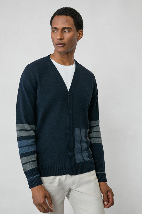 Orta Lacivert Yünlü Desenli Triko Hırka