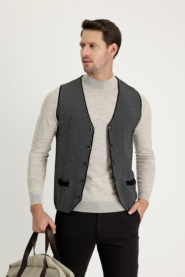  Siyah Slim Fit Dar Kesim Desenli Triko Yelek