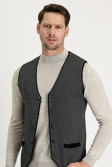  Siyah Slim Fit Dar Kesim Desenli Triko Yelek