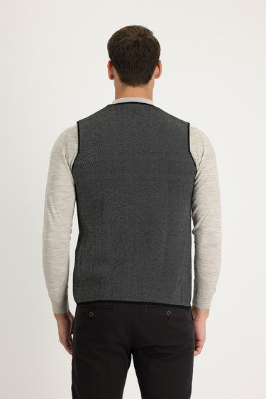  Siyah Slim Fit Dar Kesim Desenli Triko Yelek