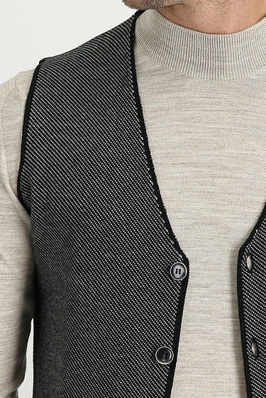  Siyah Slim Fit Dar Kesim Desenli Triko Yelek