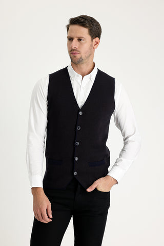  Koyu Lacivert Slim Fit Dar Kesim Desenli Pamuklu Triko Yelek