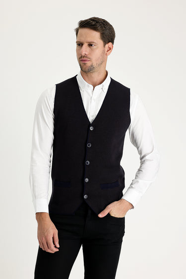 Koyu Lacivert Slim Fit Dar Kesim Desenli Pamuklu Triko Yelek