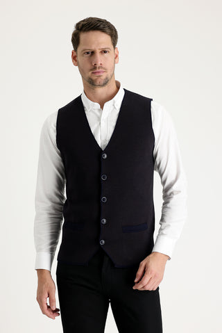  Koyu Lacivert Slim Fit Dar Kesim Desenli Pamuklu Triko Yelek