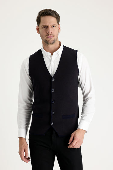 Koyu Lacivert Slim Fit Dar Kesim Desenli Pamuklu Triko Yelek