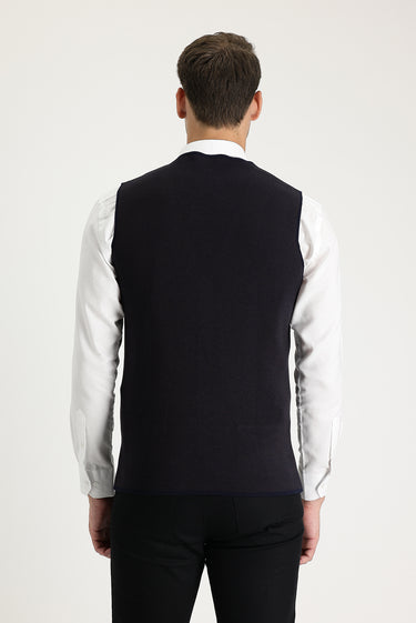 Koyu Lacivert Slim Fit Dar Kesim Desenli Pamuklu Triko Yelek