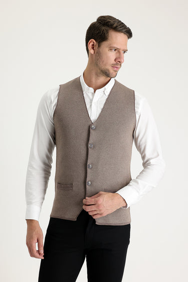 Açık Kahve Melanj Slim Fit Dar Kesim Desenli Pamuklu Triko Yelek