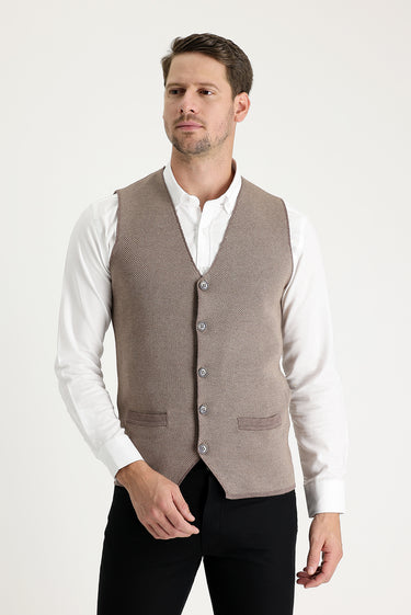 Açık Kahve Melanj Slim Fit Dar Kesim Desenli Pamuklu Triko Yelek