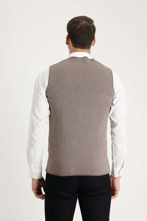 Açık Kahve Melanj Slim Fit Dar Kesim Desenli Triko Yelek