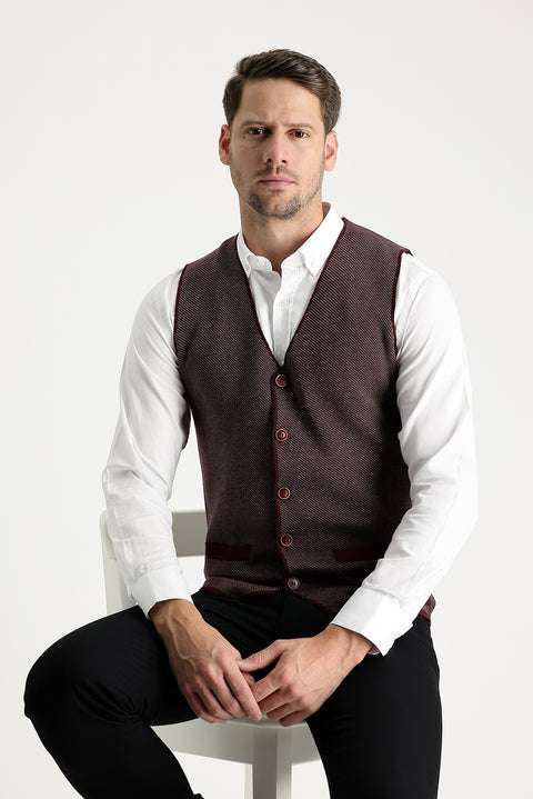 Koyu Bordo Slim Fit Dar Kesim Desenli Pamuklu Triko Yelek