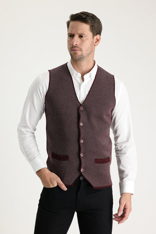  Koyu Bordo Slim Fit Dar Kesim Desenli Triko Yelek